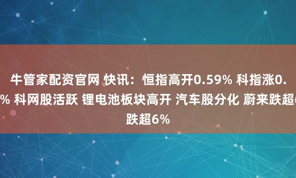 牛管家配资官网 快讯：恒指高开0.59% 科指涨0.67% 科网股活跃 锂电池板块高开 汽车股分化 蔚来跌超6%